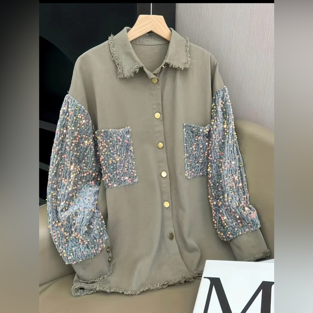 Khaki green, Sequin Patchwork Long Sleeve Oversized Denim Shacket size MEDIUM